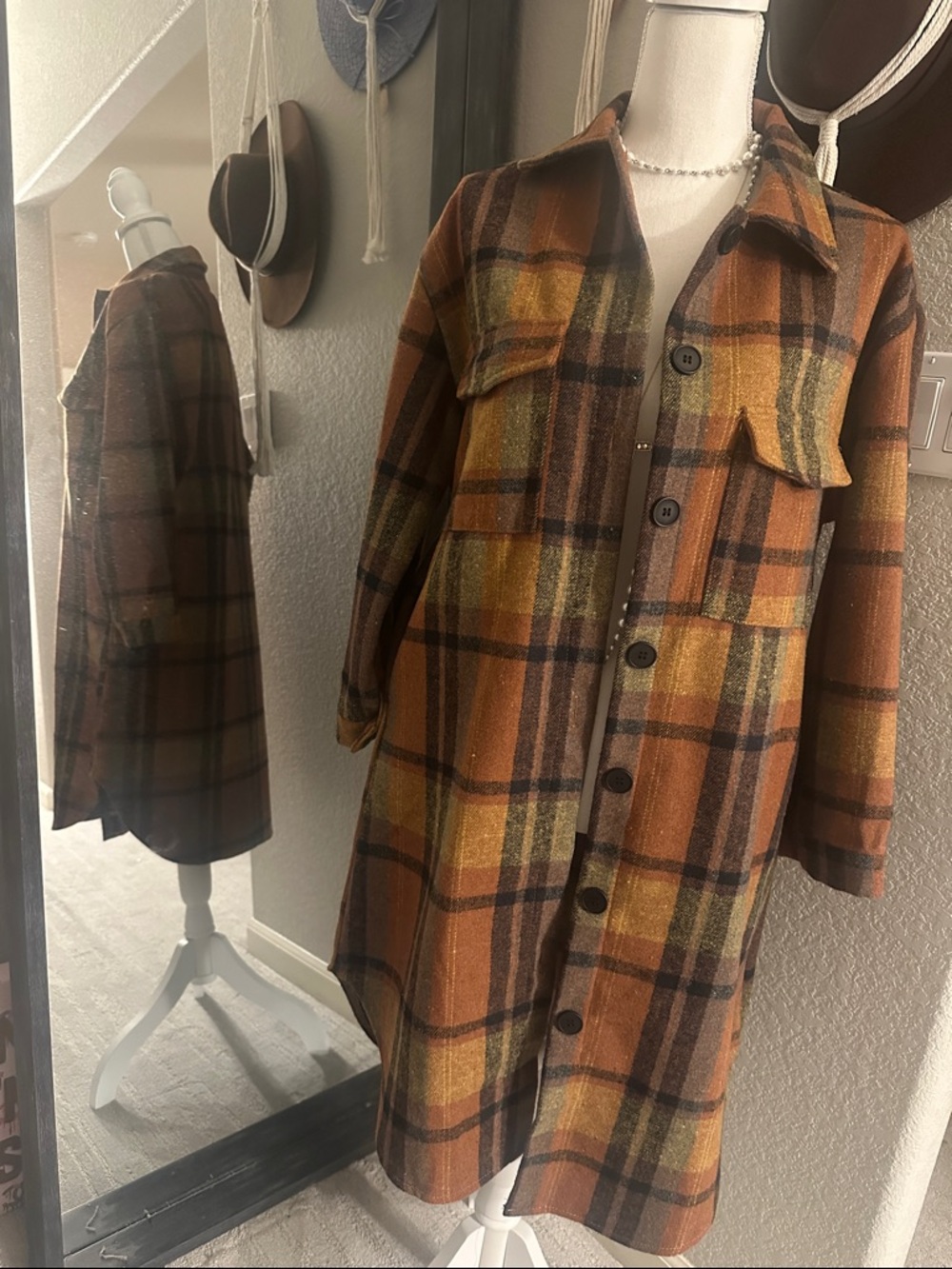 Plaid Longline Shacket Jacket in Rust & Mustard - Women